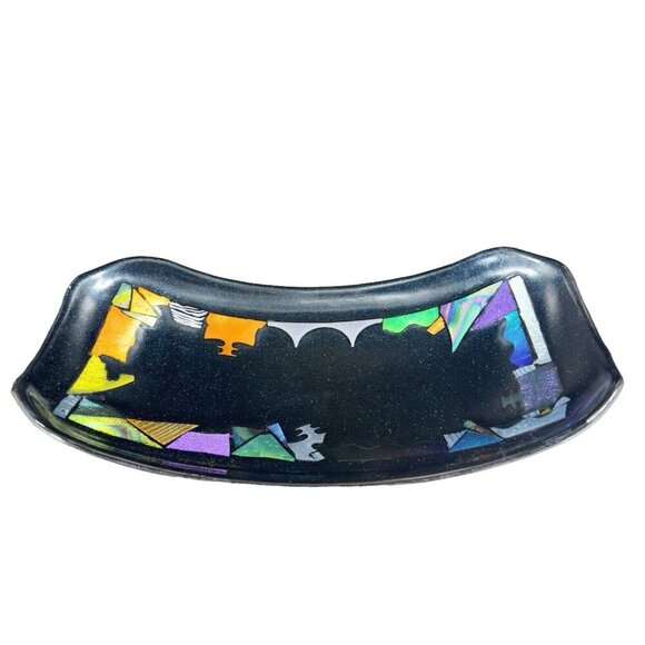 Hand Made Dichroic Art Glass Fused Iridescent Finish Curved Footed Bowl Dish VTG - Picture 1 of 16